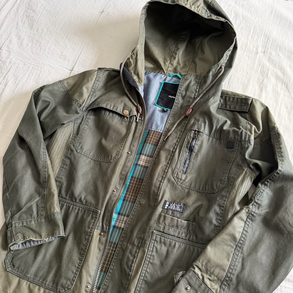 Hurley Waxed Plaid Lined Field Jacket Men’s Med‎ Green Covert Military Tactical